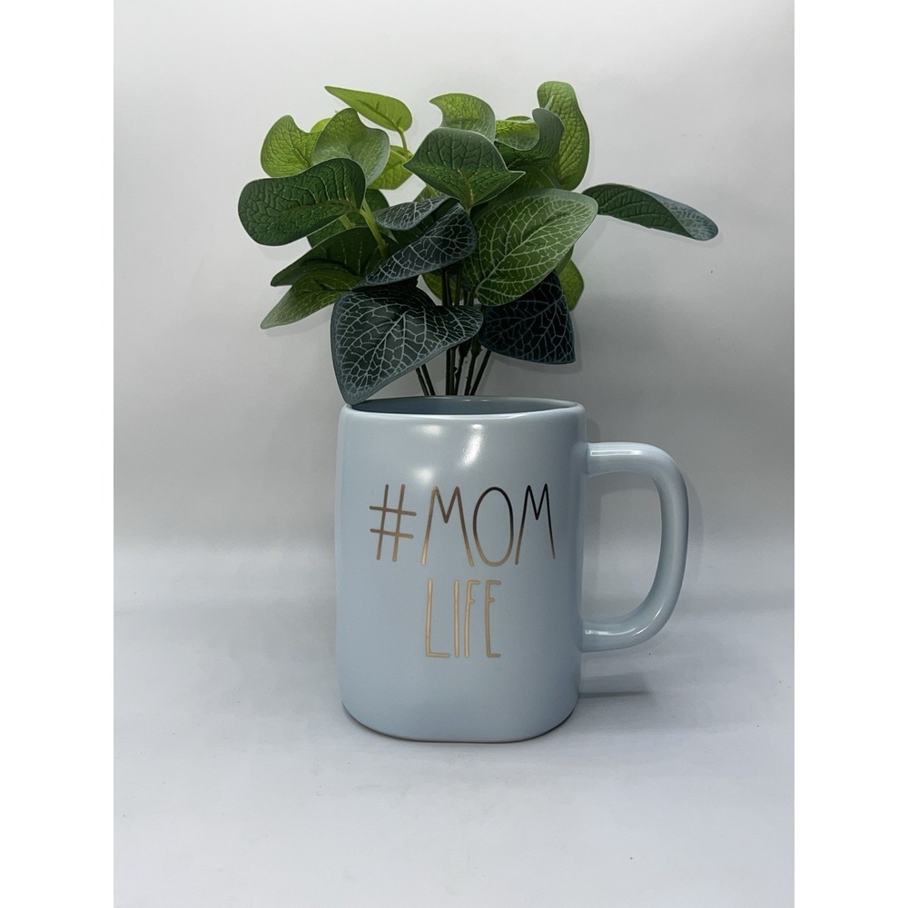 Rae Dunn Baby Blue Mug "#MOM LIFE" in Gold Letters Coffee Tea Cup‎ Great Cond.
